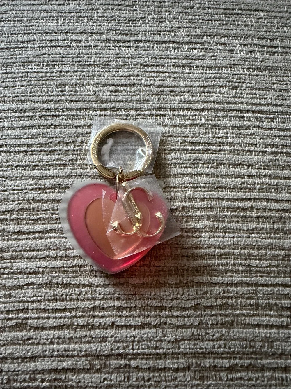 Brand New Jimmy Choo Keychain Gold Heart Keyring with Pink Heart Charm